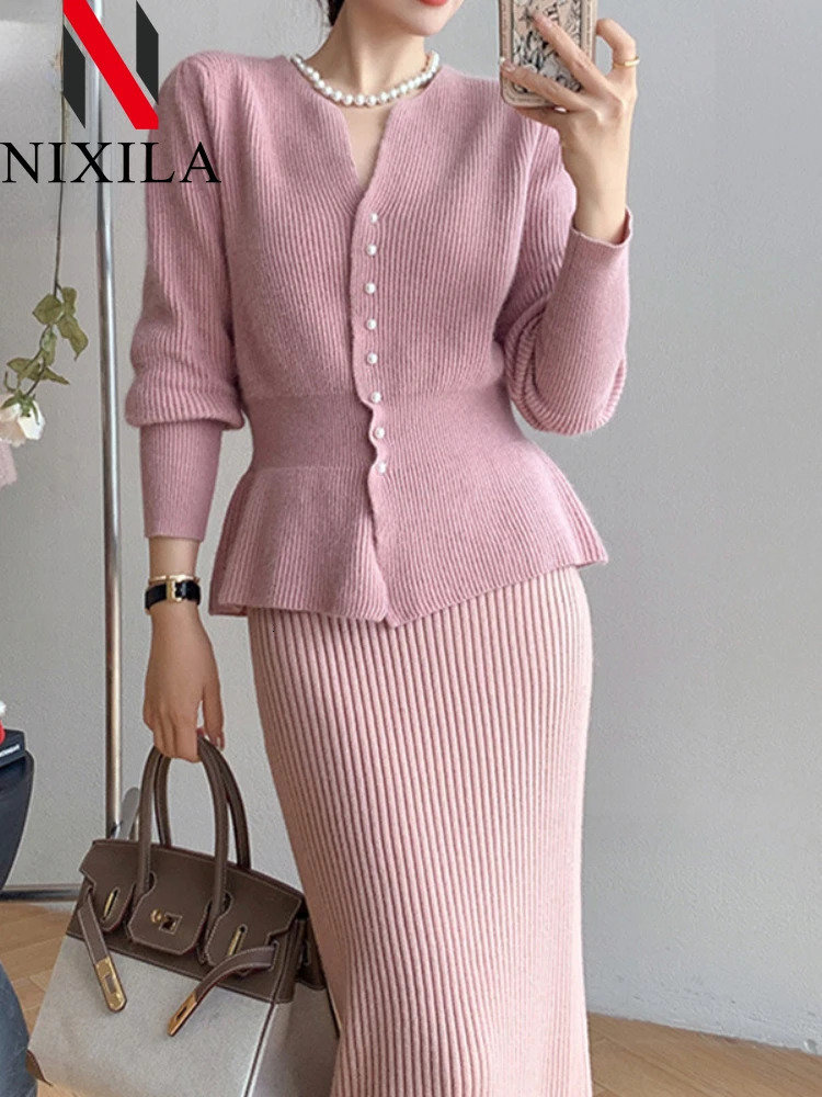 autumn and winter dress two-piece womens set Korean fashion elegant womens cardigan wool sweater long sleeved set womens clothing 241112