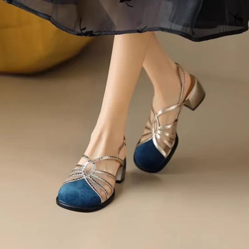 Womens high-heeled net sandals party dress er short and chubby retro suede hollow Zapatillas bounce back pump 241111