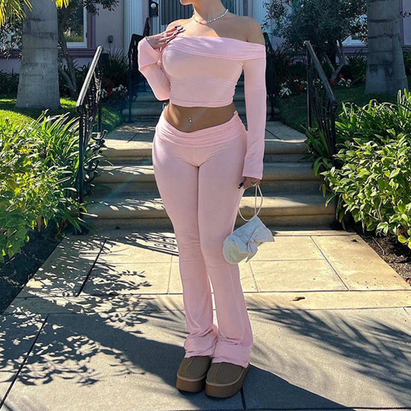 Cuteandpsycho Slash Neck Top and Casual Pants Sets Two Pieces Of Outfits Streetwear Solid Fashion Y2K Basic Slim Clothes 241108