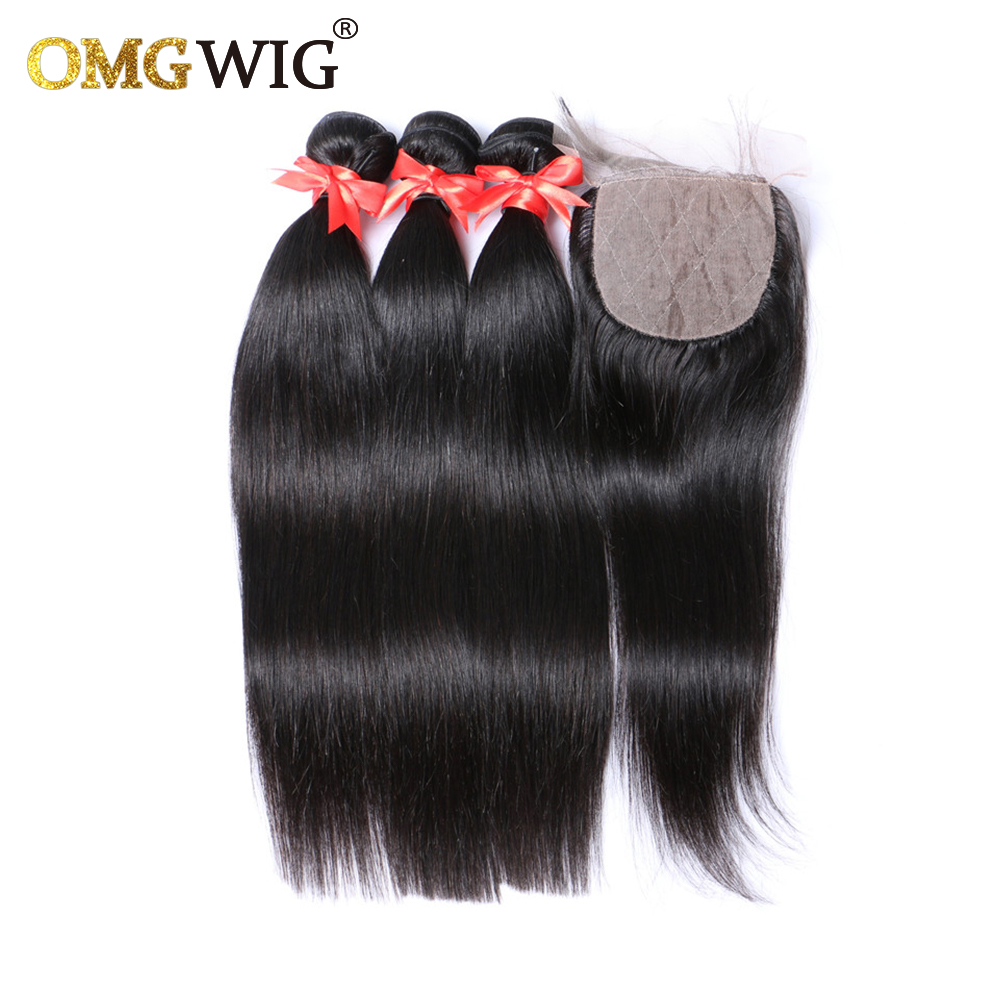 Natural Black Color Hair Bundles With 4x4 Base Closures Straight Brazilian Human Hair Free Part Bleached Knots Transparent Lace e2bf9