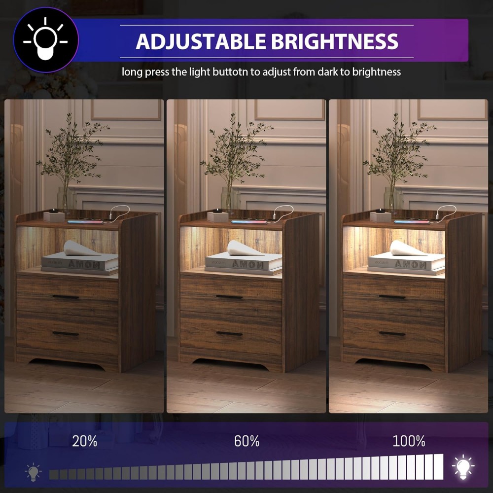 LED Nightstand with Charging Station, Smart Bedside Table with 24-Color RGB LED Lights, Charging Nightstand
