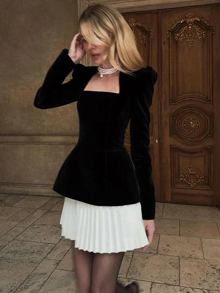 Elegant black velvet long sleeved mini dress for women fashionable square neckline pleated patchwork high waisted dress for women chic short dress 241