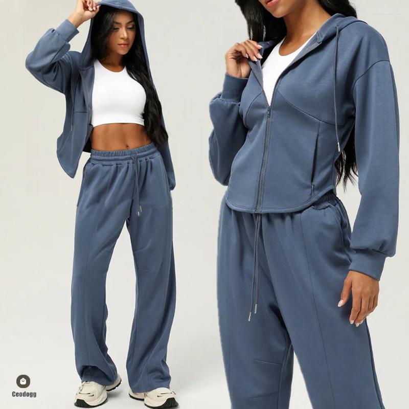 Active Sets 1/2PCS Thicken Cotton Warm Women Yoga Set Long Sleeve Tops Sport Hoody Sweatshirt Running Trousers Pant Loose Jogger Wear
