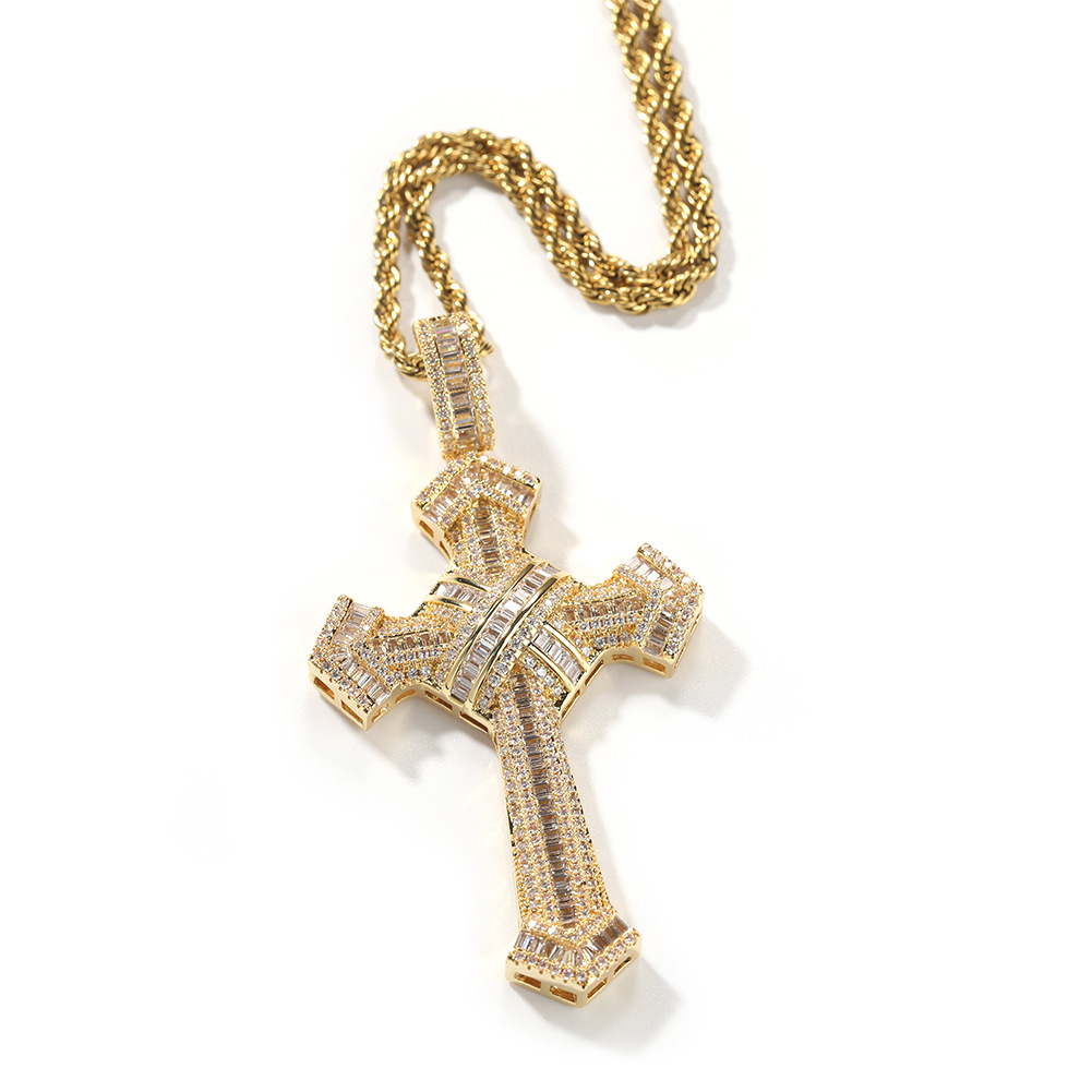 Hip Hop Cross Pendants Necklace Platinum Plated Men Women Lover Gift Religious Jewelry with Leather Rope Chain