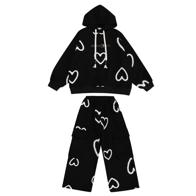 2024 autumn winter teenager kids girl Children set Clothes heart loose Hooded tracksuit Casual pants 5 6 7 8 9 10 11 12 Year 241112