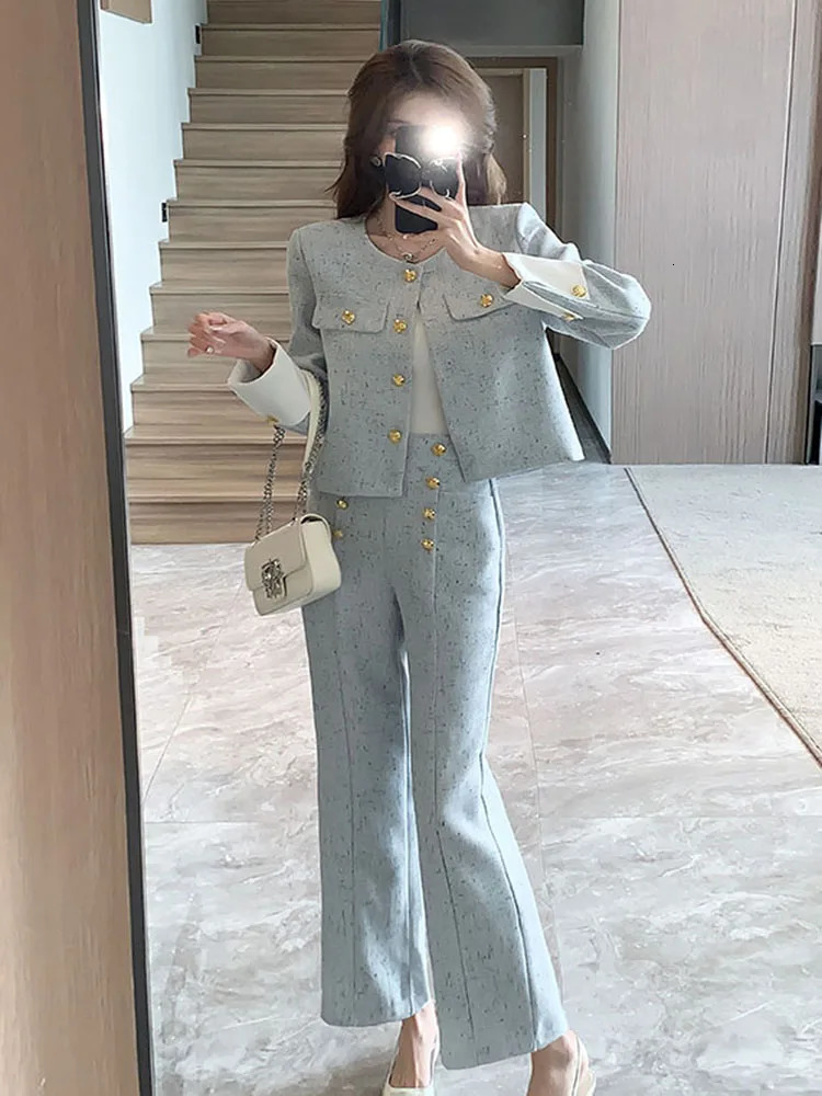 Fall Winter Vintage Two Piece Sets Outfits Women Elegant Tweed Slim Long Trousers Short Coat Top Female Casual Clothes 241112