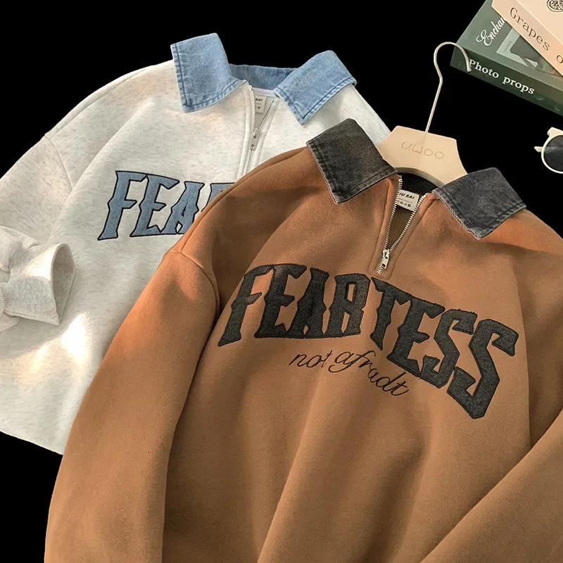 Mens Half-zip Polo Collar Sweatshirt No Hood Winter American Style Jacket Oversized Heavy Top For Autumnwinter 241111