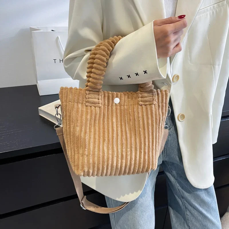 Fashion Corduroy Womens Bag Trend Handbags Niche Versatile Bucket Shoulder Bags Female Nylon Button Crossbody 241111