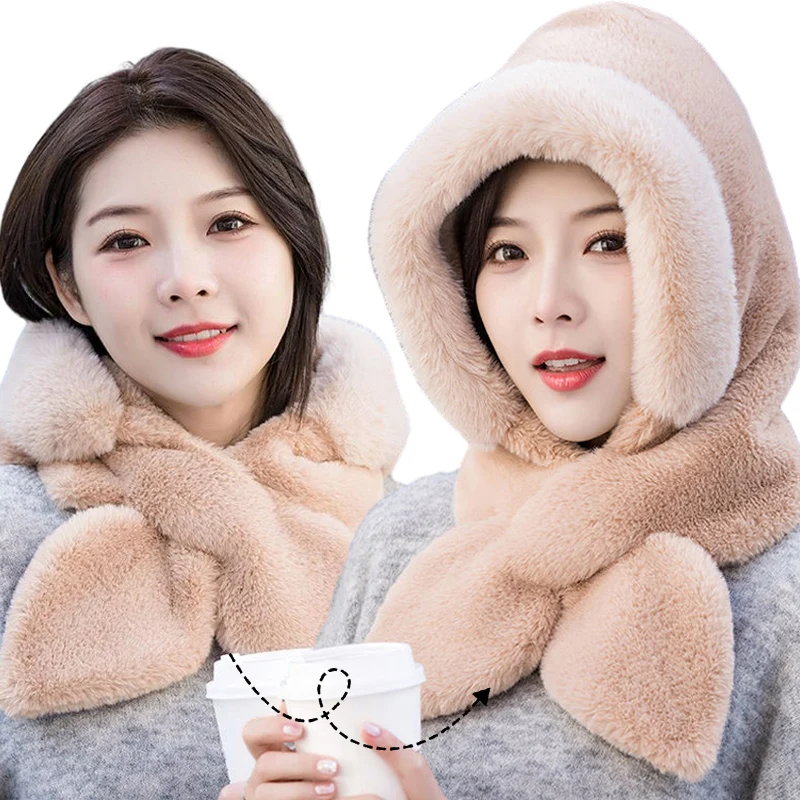 Women Winter Hood Beanies Thick Plush Scarf Hat Set Outdoor Ski Windproof Warm Headgear Solid Fluffy Fur Female Earmuffs Cap