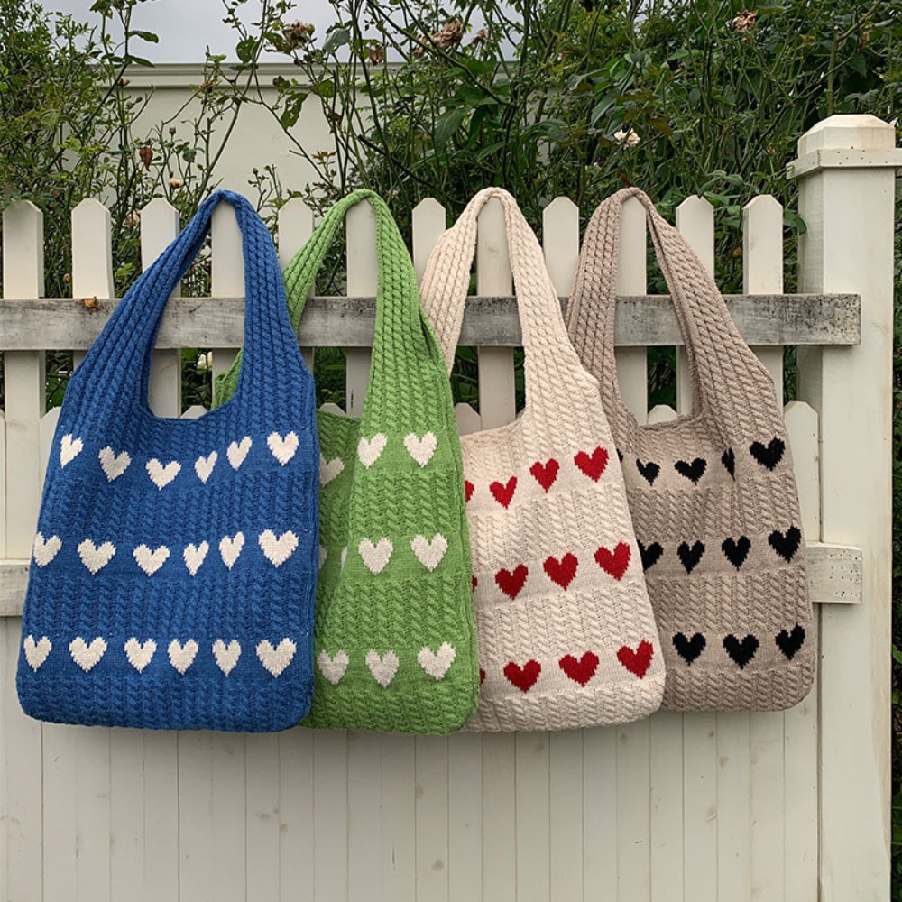 Designer Knitted Handbags Women Large Capacity Hollow Woven Shopping Bags Heart Print Casual Lightweight Single Shoulder Bags