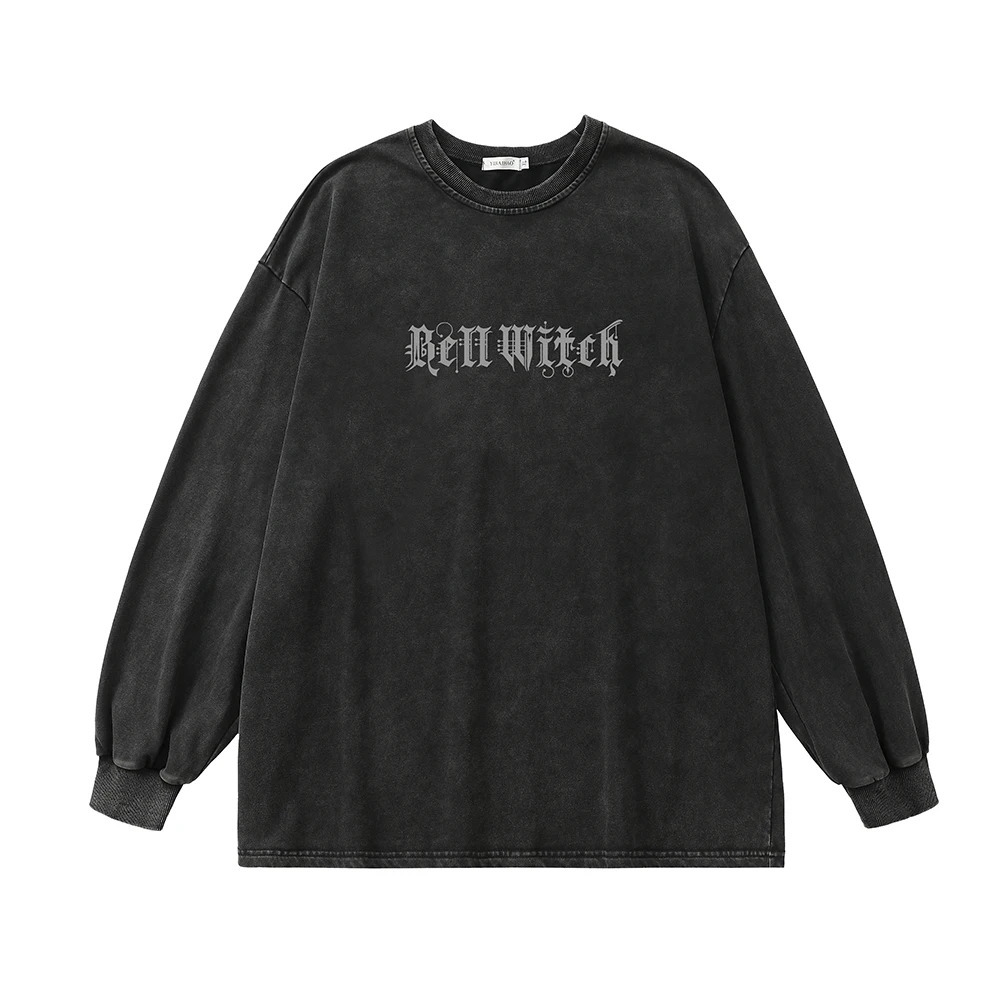 Ghost Print Retro Wash Unisex Long Sleeve Oversized Grunge Y2k T-shirt Mens Gothic T-shirt Hip Hop Street Clothing Harajuku Cotton Top 241112