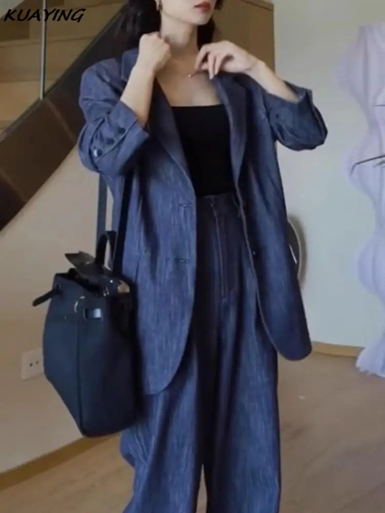 Autumn Women Denim Blazer Pantsuit Korean Fashion Vintage Wide Leg Pants 2 Piece Set Female Business Casual Trousers Outfits 241112