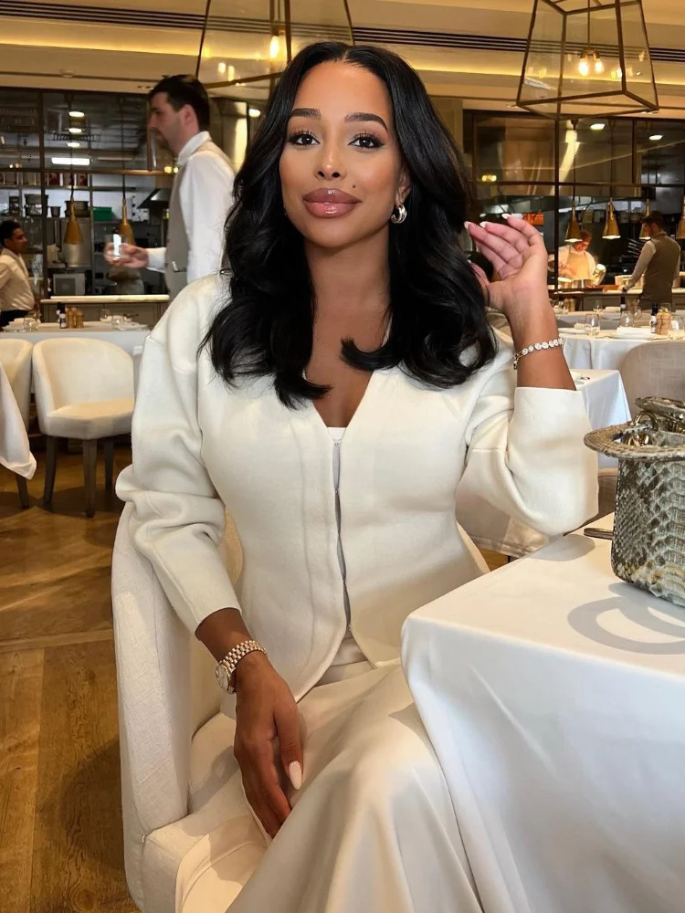 Womens Fashion Deep V Metal Ring Buckle Open Skirt Set Elegant High Waist A-line Short Leather Set Womens Winter Knitted 2-piece Set 241112