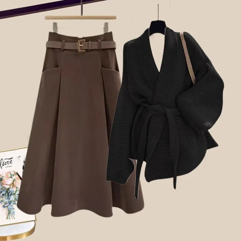 Autumn and Winter Set Womens Fashion Age Stress Relief Waist Clip Open Woolen Sweater Medium Long Two Piece Set 241112