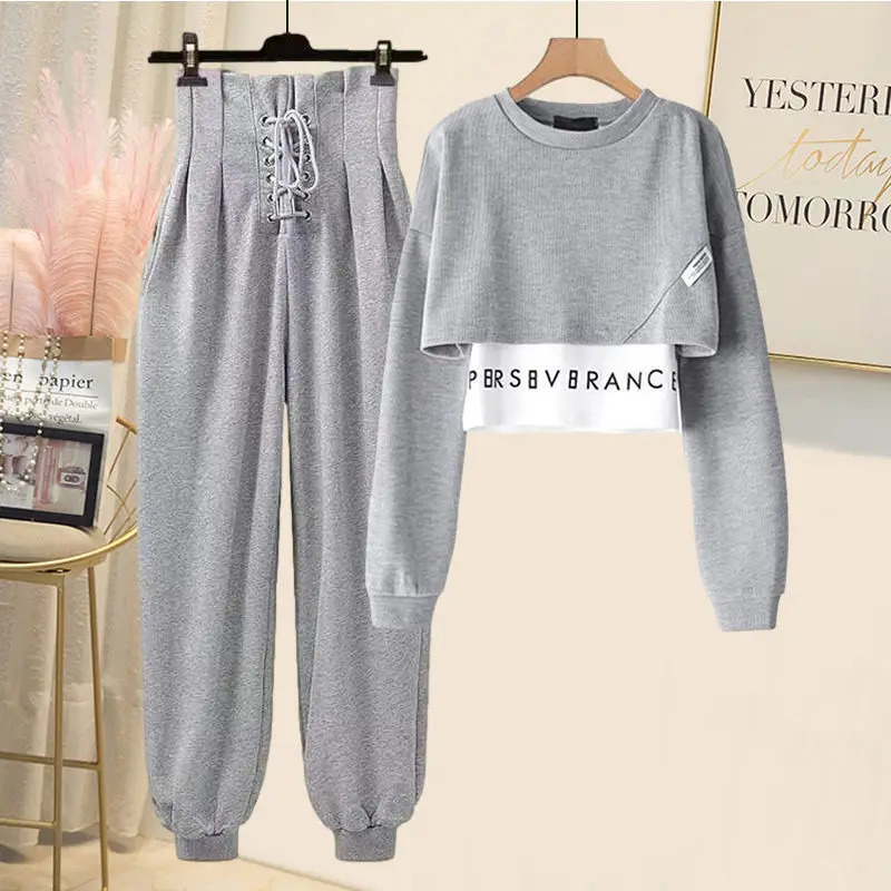 Korean Autumn Long Sleeve Tshirt High Waist Lace Casual Harun Trousers Two Piece Elegant Womens Pants Set 241108