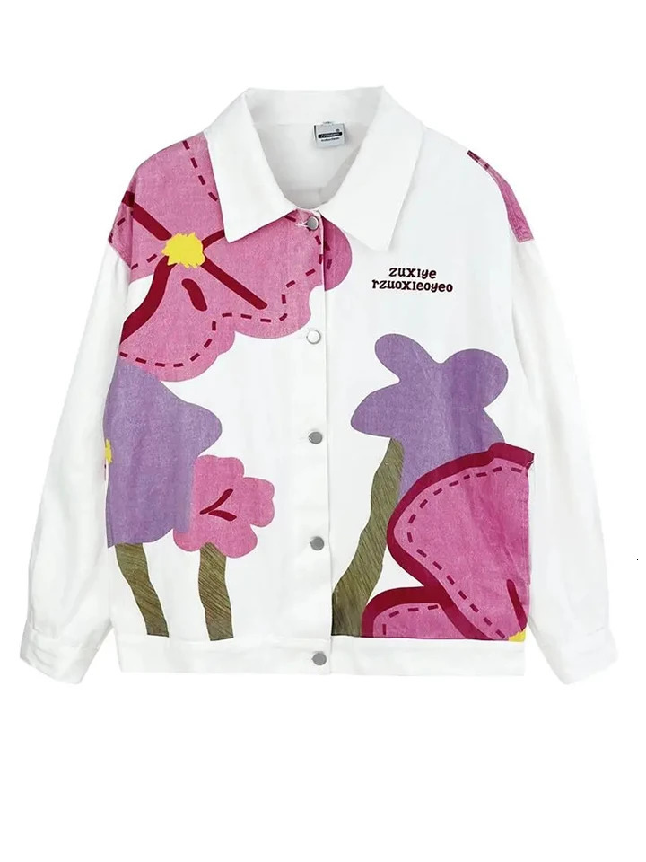 Jmprs Harajuku Womens Denim Jacket Loose Bf Printed Flower Jeans Coat Spring White Y2K Womens Coat 241112