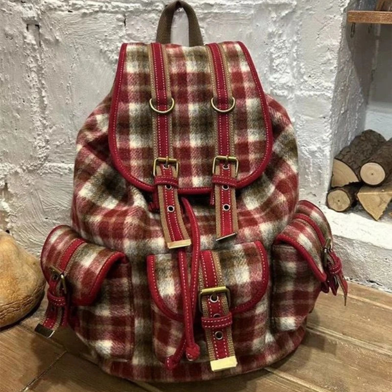 Korea Fashion Retro Red Plaid Cute Coarse Fleece Womens Bag Autumn Winter Christmas Year Y2k Large Capacity Drawstring School Bag 241111