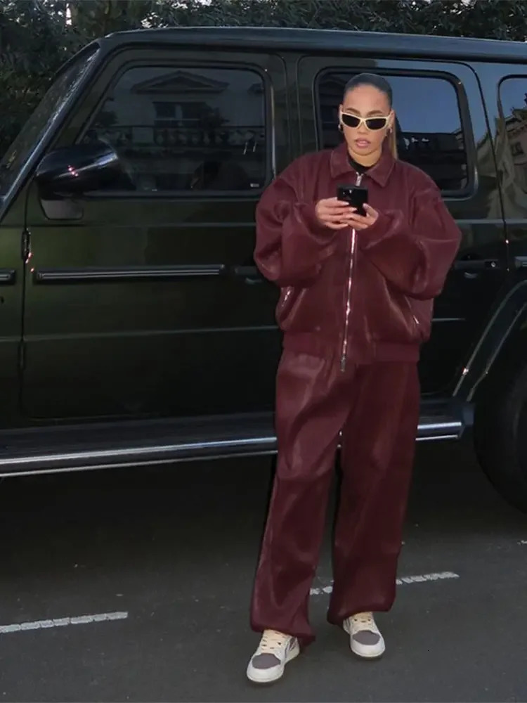 Fashion Retro Wine Red Suede Leather Jacket Elegant Lapel Long Sleeves Loose Short Coat Spring Autumn Chic Lady Street Outerwear 241112