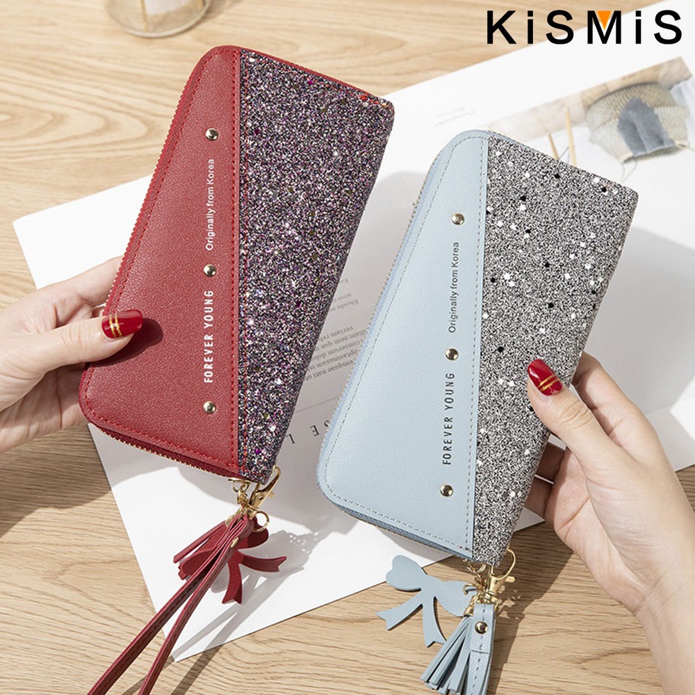 KISMIS New Long Women's Zipper Wallet - Korean Splicing, Color Contrast, Tassel, and Rivet Details