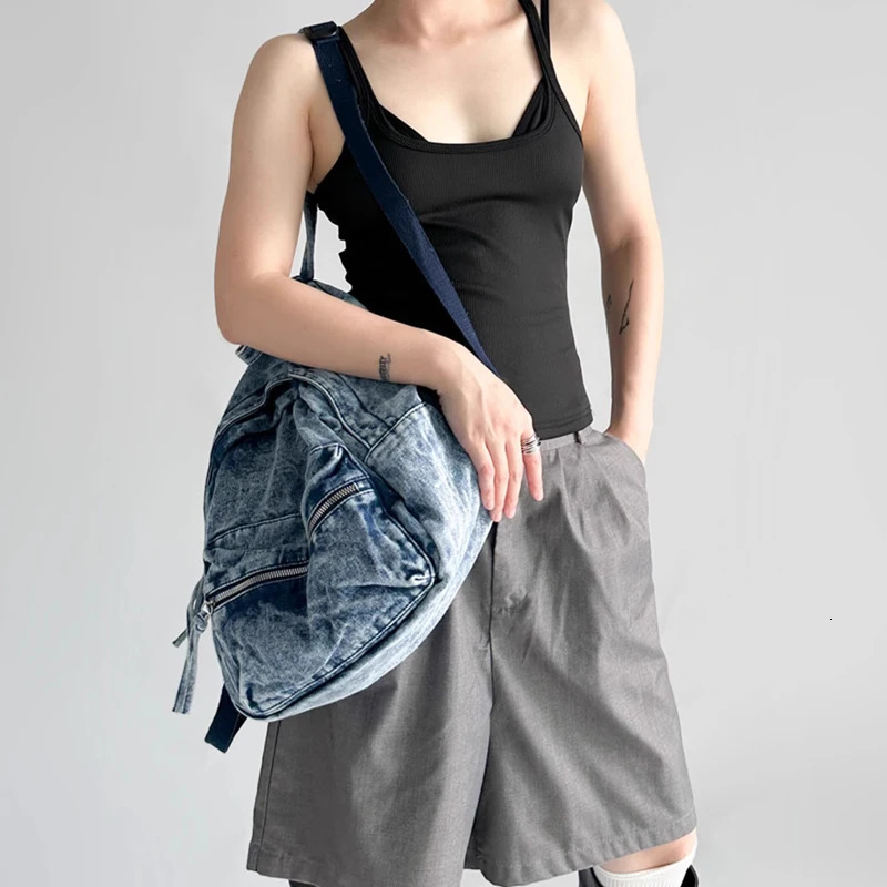 Retro washed denim womens backpack trend tie dye college backpack Y2K travel school backpack 241111