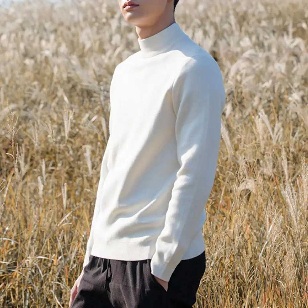 Mens winter high solid color sweater navy blue collar mens white sweater ultra-thin knit suitable for stripe knitting W2411111