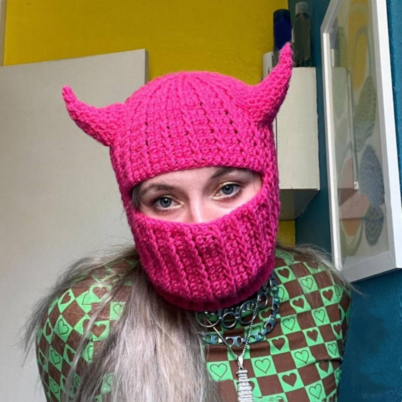 Novelty Devil Horn Face Cover Knit Balaclava for Women Men Winter Warm Hat Adult Halloween Party Costume Role Play Cap
