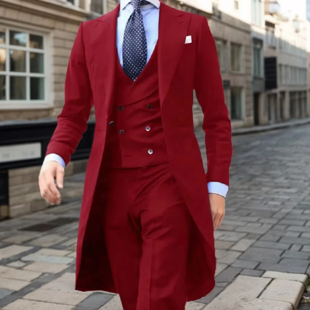 Elegant mens slim fit set 3-piece jacket vest pants set wedding stage costume party long tail jacket 241111