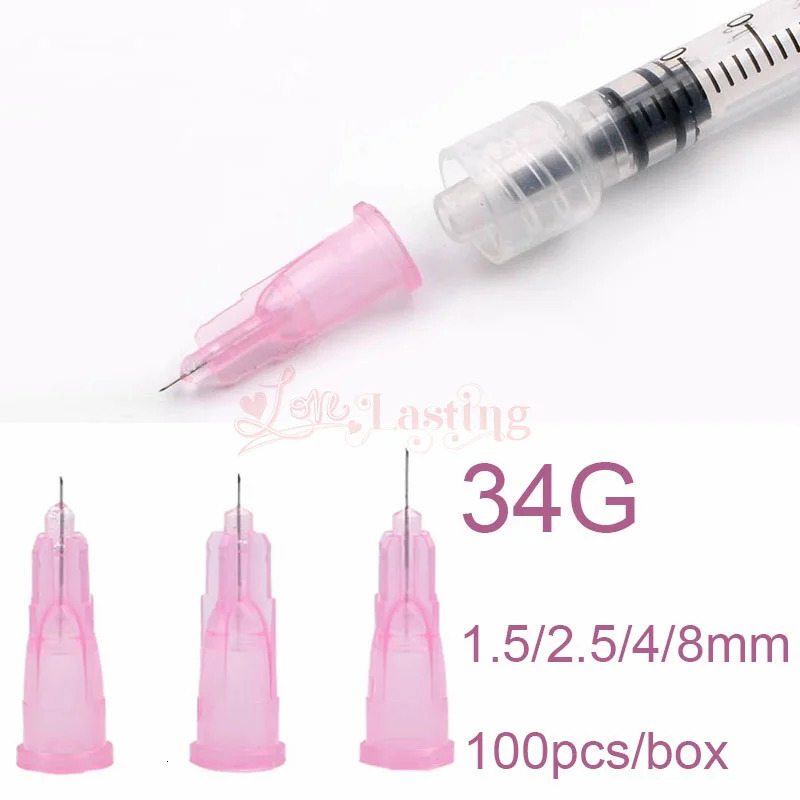 100PCS/Box 34G 1.5mm 2.5mm 4mm 8mm Tattoo Needle Transparent Syringe Non toxic Needle Small Tooth Rinse Parts 241202