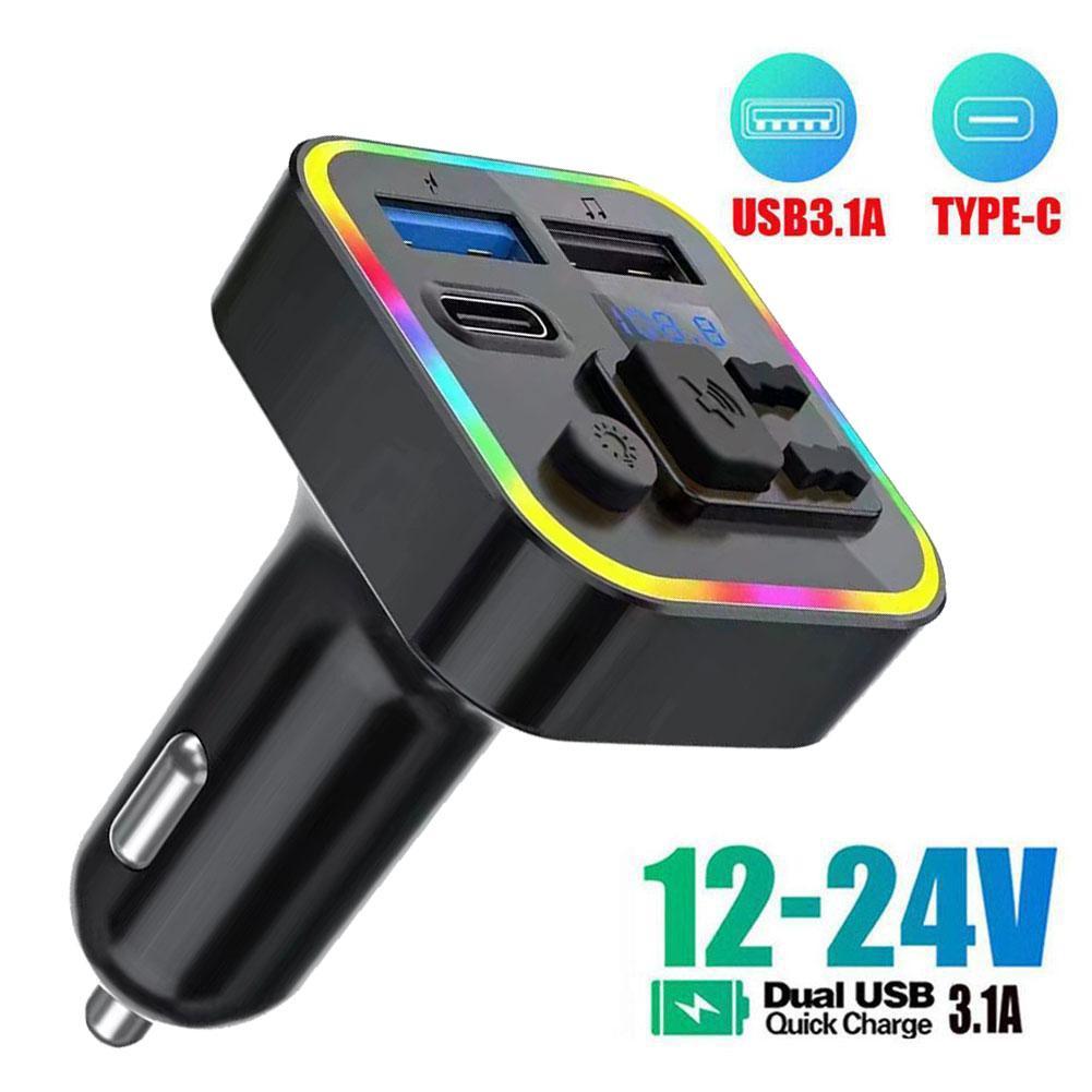 1 Pcs Bluetooth Car 5.0 FM MP3 Player Type-C Dual USB QC3.0 Fast Charging Vehicle Color Ambient Light FM Transmitter Car MP3 4ea21