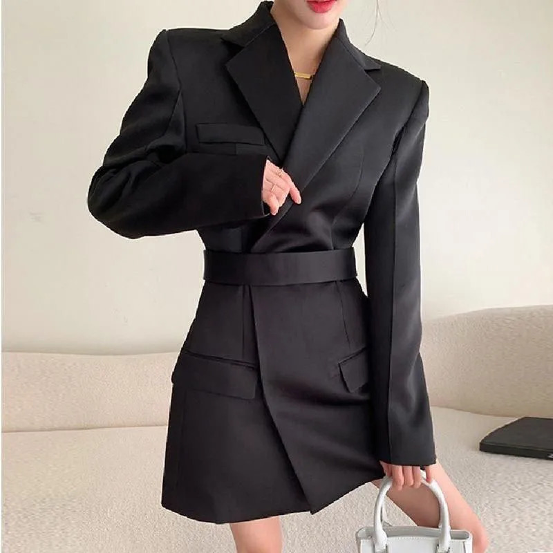 Autumn High end Waist Slim Blazer Jacket Women Casual British Mid Length Black Suit Coat Woman Elegant Chic Office Blazers 241112