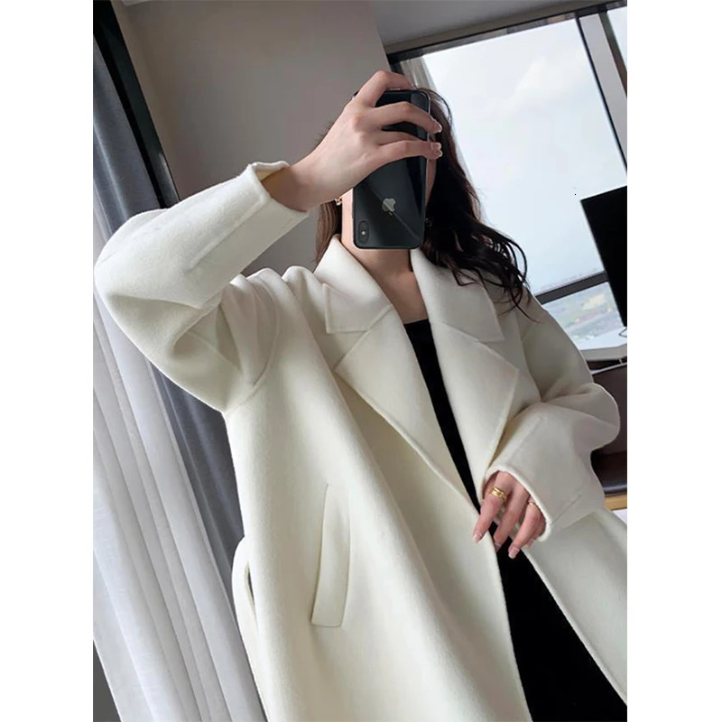 Elegant Midi Wool Blends Coat Women Korean Thicken Long Bandage Jackets Oversized Lace Up Outwear White Cardigan Woolen Overcoat 241112