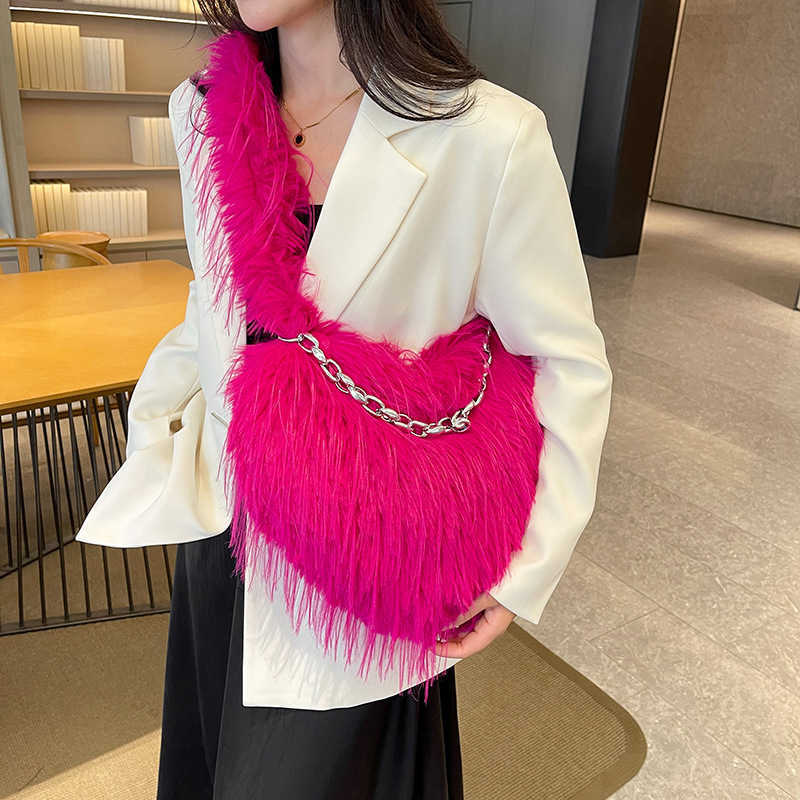 Tassel Heart Shaped Hairy Bag Autumn Winter New Plush Crossbody Bags Y2k Girl Large Capacity Shoulder Bag Women Purses Handbags 241112