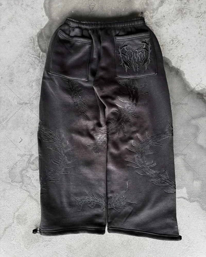 Y2K Harajuku Streetwear Gothic Punk Pattern Embroidery Baggy Sweatpants Men High Street Trend Retro Straight Trousers Couple 241112