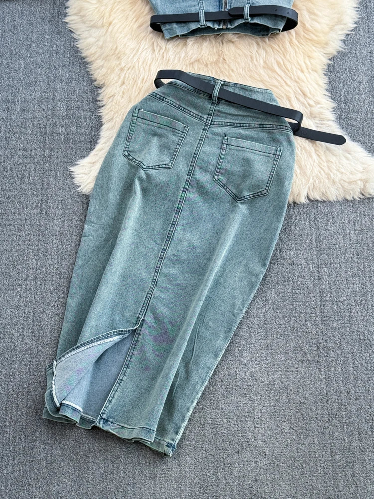 Women Denim Skirts Suit Sleeveless Strapless Sashes Vest Tops Highwaisted Slimming Split ALine Skirt Summer Jeans Set 240412