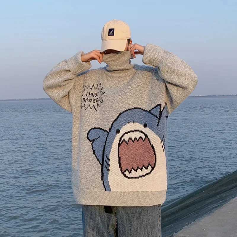 Mens Turtle Neck Shark Sweater Mens 2023 Winter Patch or Harajuku Korean High Neck Mens Extra Large Grey Turtle Neck W2411111