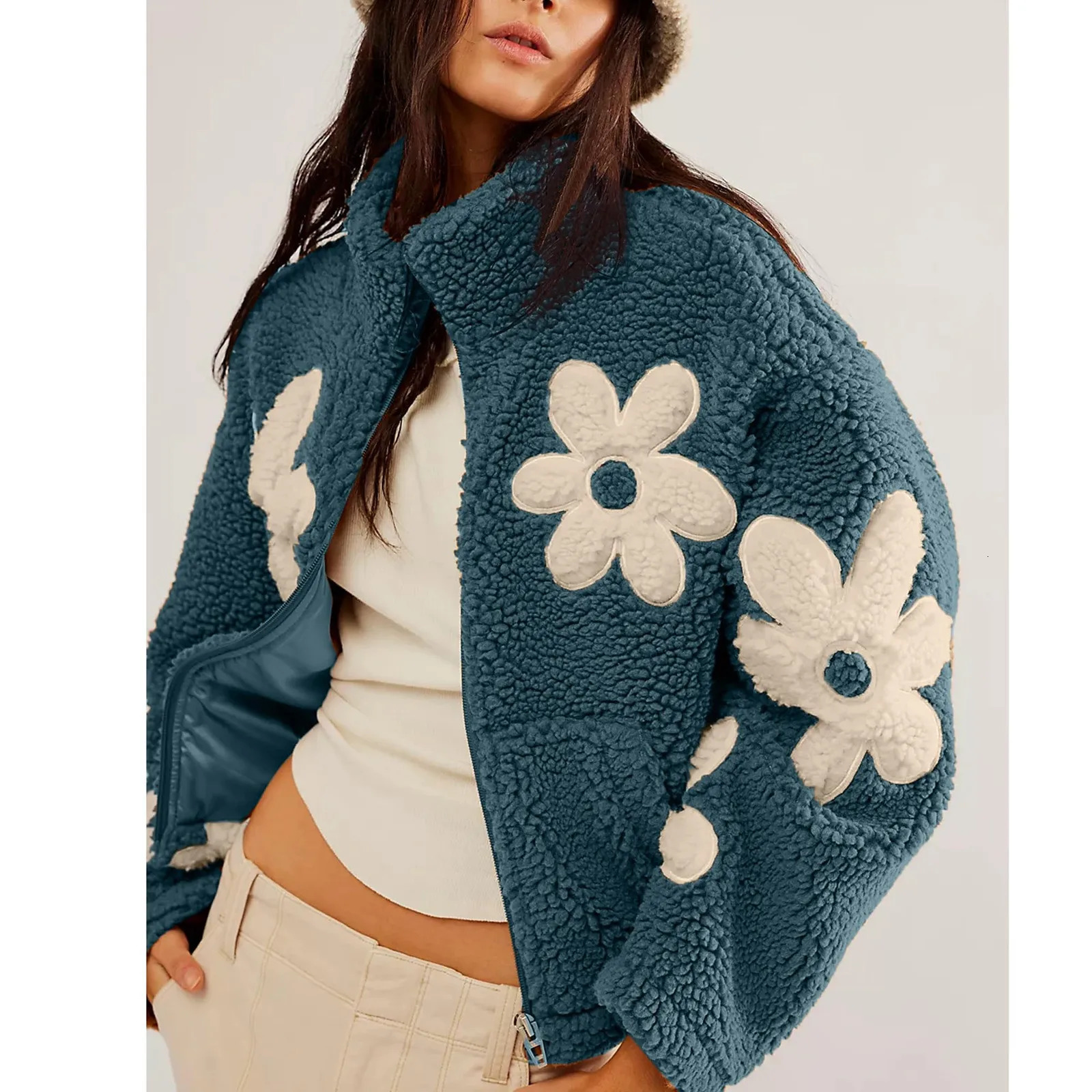 Lambswool Womens Fleece Fluffy Jackets Fashion Color Block Floral Zipper Coat Cardigan Cozy Plush Autumn Winter Outerwear 241112