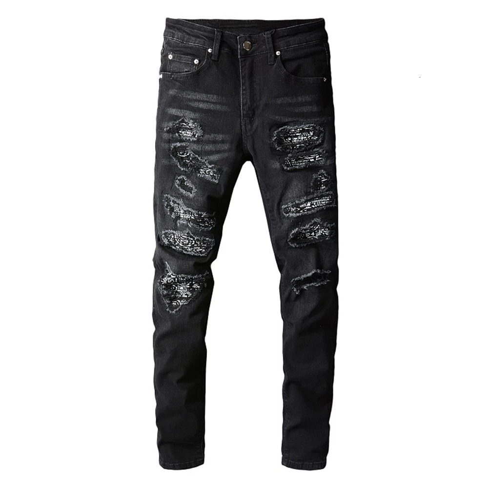 Mens Bandanna Paisley Printed Patchwork Stretch Jeans Streetwear Black Denim Pencil Pants Slim Skinny Ripped Trousers 241112