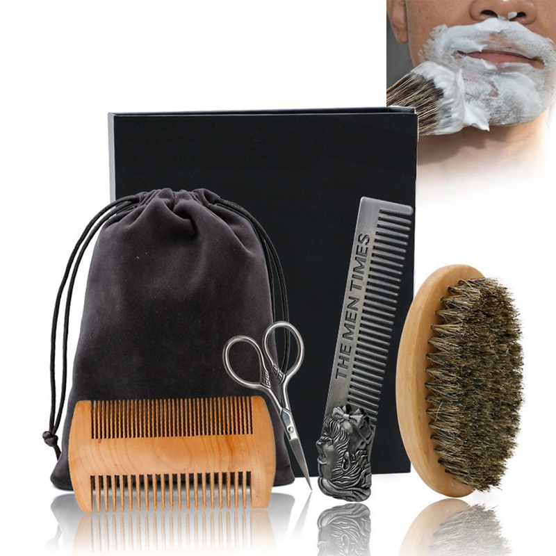 Professional Soft Boar Bristle Wood Beard Comb Hairdresser Shaving Brush Tools Men Mustache Comb Kit Gift Bag Free Shipping