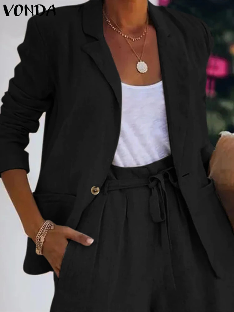 VONDA Womens Jacket Womens Autumn Collection Solid Color Long Sleeve Collar Single Chest Coat Elegant Office Set 241111