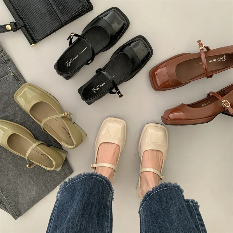 er Women Mary Jane Shoes Spring Leahter Shoes Fashion Buckle Female Square Head Toe Mid Heel Elegant Woman Pumps 241112