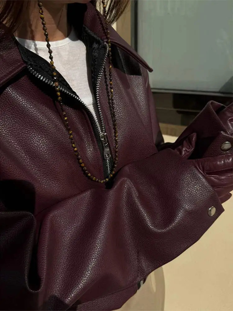 Vintage Wine Red Lapel Pu Womens Leather Jacket Zipper Chic Long Sleeved Casual Coats 2024 High Street Fashion Outerwear 241111