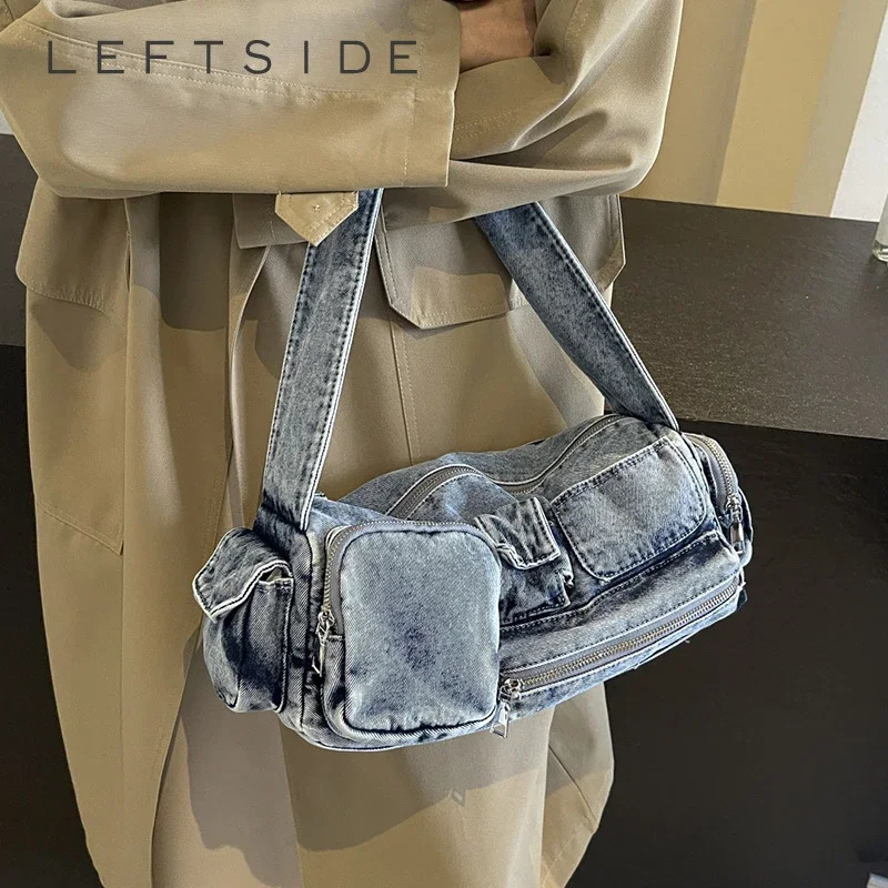 LEFTSIDE Small Double Pocket Cloth Shoulder Bag for Women Winter Trend Fashion Y2K Crossbody Bags Handbags 241111