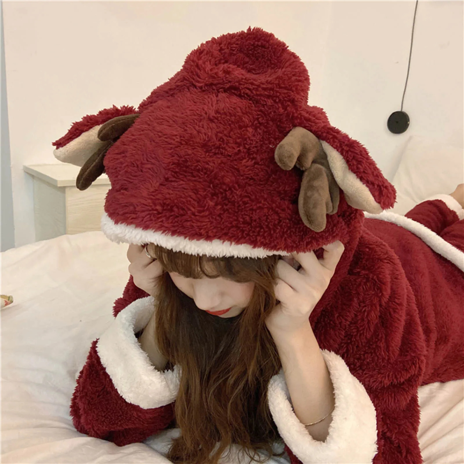Christmas Pajamas Adults Solid Cute TopPants 2pcs Xmas Sleepwear Kawaii Fluffy Warm Kimono Bathrobe Suit Cosplay Clothes 241112