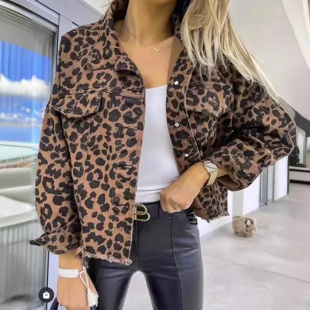 Mandylandy autumn denim jacket leopard print long sleeved loose casual jacket for women with torn pockets denim jacket 241112