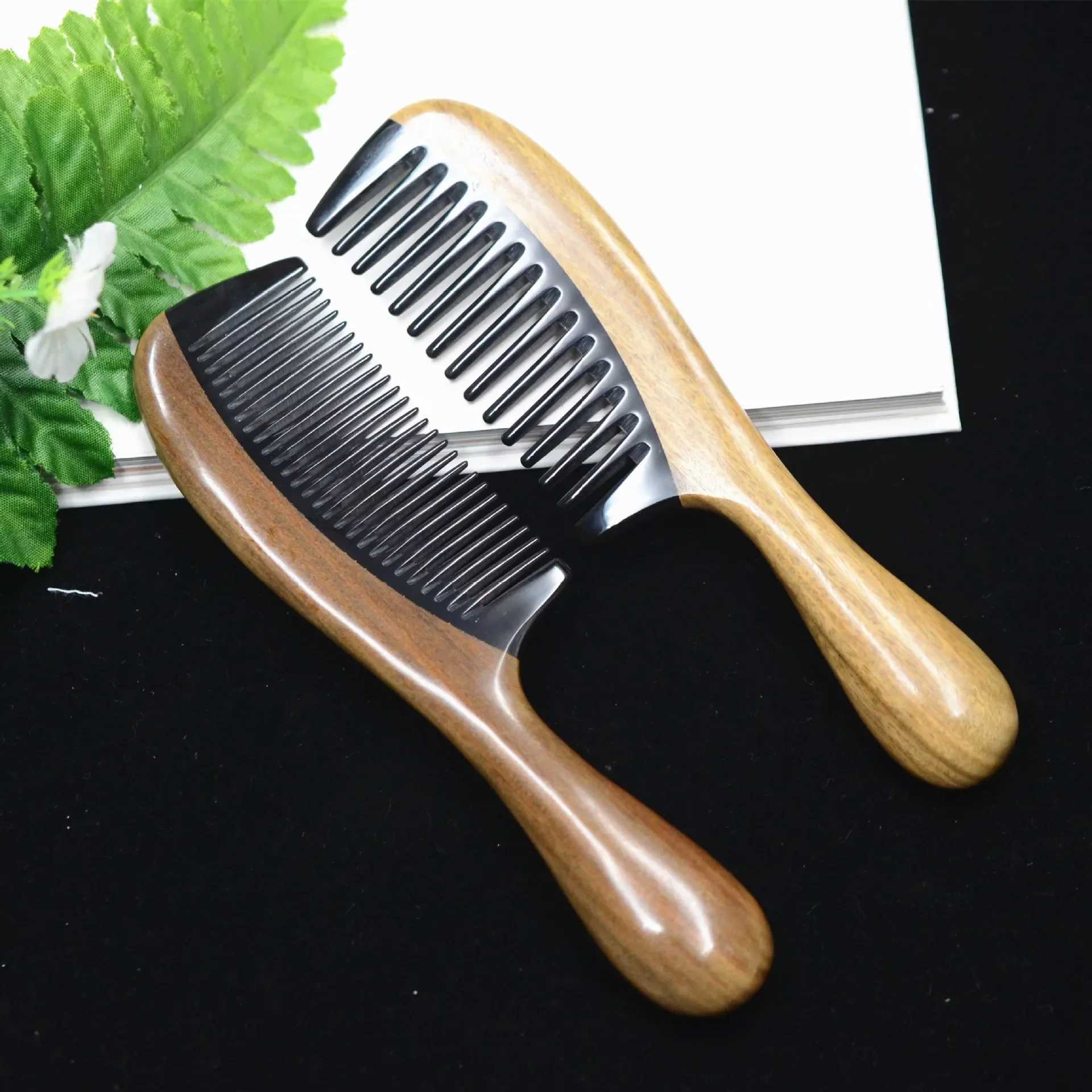 Bull horn green sandalwood comb drum handle wide toothed ebony comb black horn comb W241112