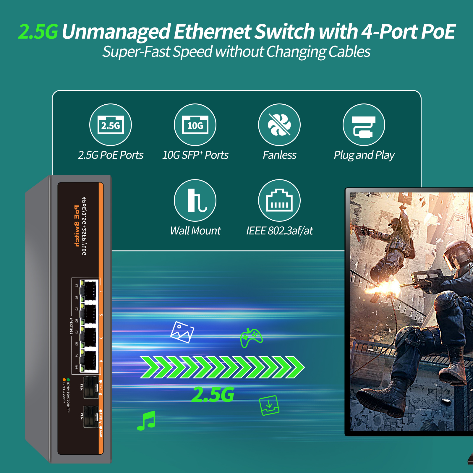 4*2.5G 2*10G Gadinan Base-T Ddmysmile SFP Poe Switch 6 Port 2500Mbps Ieee802.3Af/At POE Camera For Wifi 6E AP ddmysmile Voip Phone Surveillance Smile 