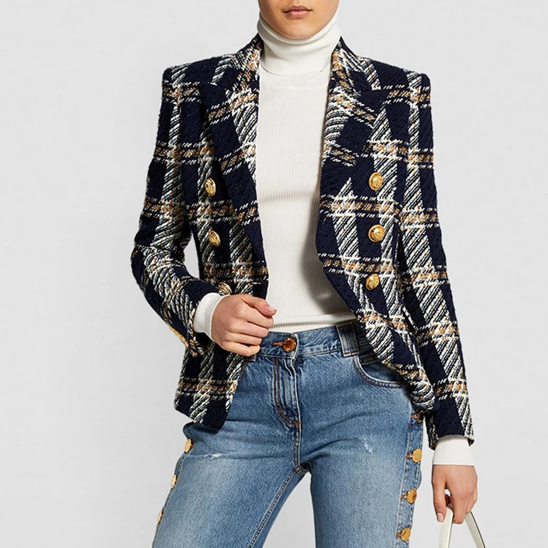 HIGH STREET TOP QUALITY est Fashion ner Jacket Womens Lion Buttons Double Breasted Plaid Wool Tweed Blazer 241112