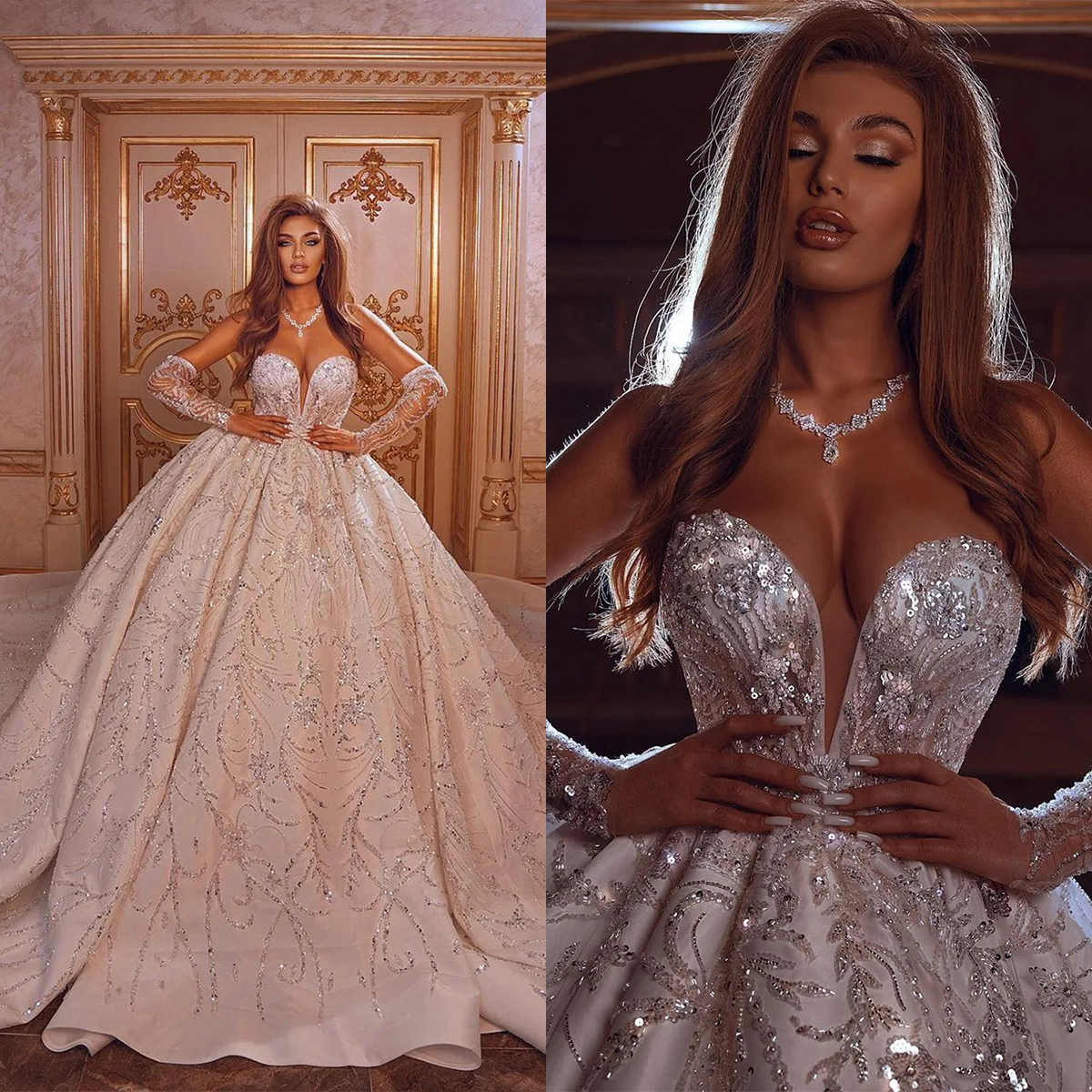 Ball Wedding Dress Sheer Neck Removable Sleeves Bridal Gown Appliques Sequins Detachable Train Dresses Custom Made vestidos de novia