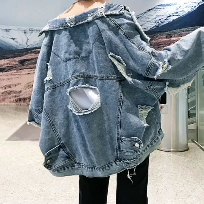 Fashion blue ripped denim jacket Y2K Distressed Streetwear hip-hop ripped jeans bicycle jacket mens spring jacket 241112