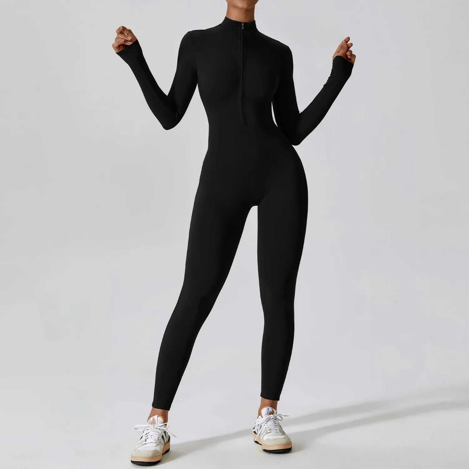 Fashion zipper long sleeved fitness suit womens sportswear quick drying gym yoga jumpsuit black sports suit womens one-piece set 241112